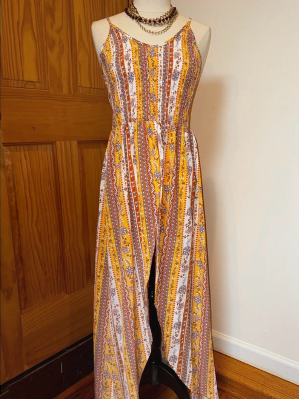 Boho Floral Maxi Tank Duster Overlay Mustard NWOT Sz S